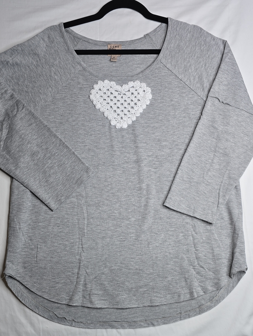 Como Vintage Upcycled Wite Crochet Heart on Heather Grey Long Sleeve PullOver